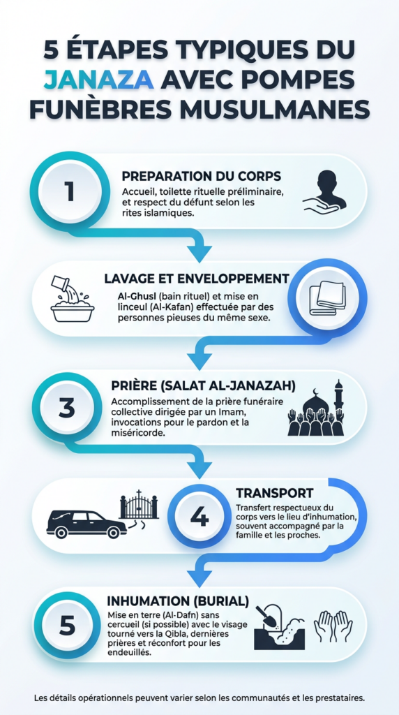 Infographie des 5 étapes typiques du Janaza avec pompes funèbres musulmanes