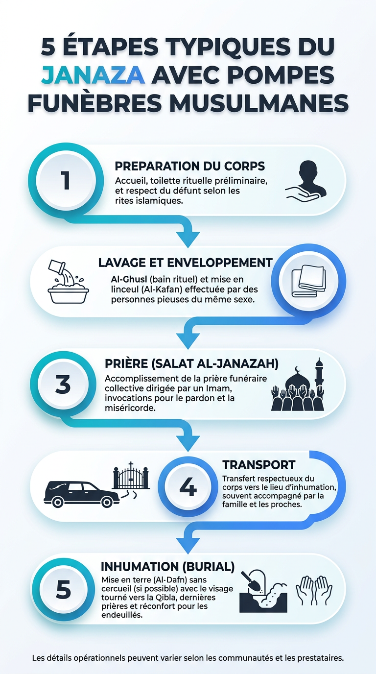 Infographie des 5 étapes typiques du Janaza avec pompes funèbres musulmanes